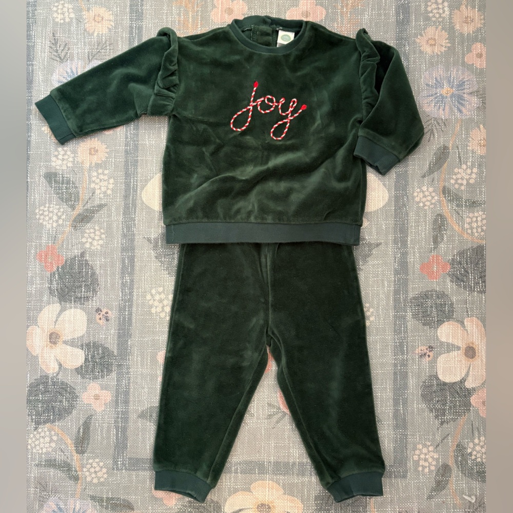 Little Me Green Velour Holiday Sweatshirt and Pants Set
